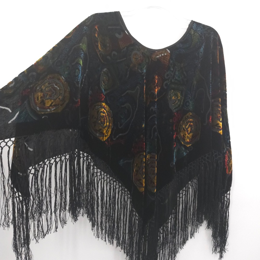 Unbranded Burnout Velvet Poncho Women OS Black Silk Blend Fringe Boho Whimsigoth